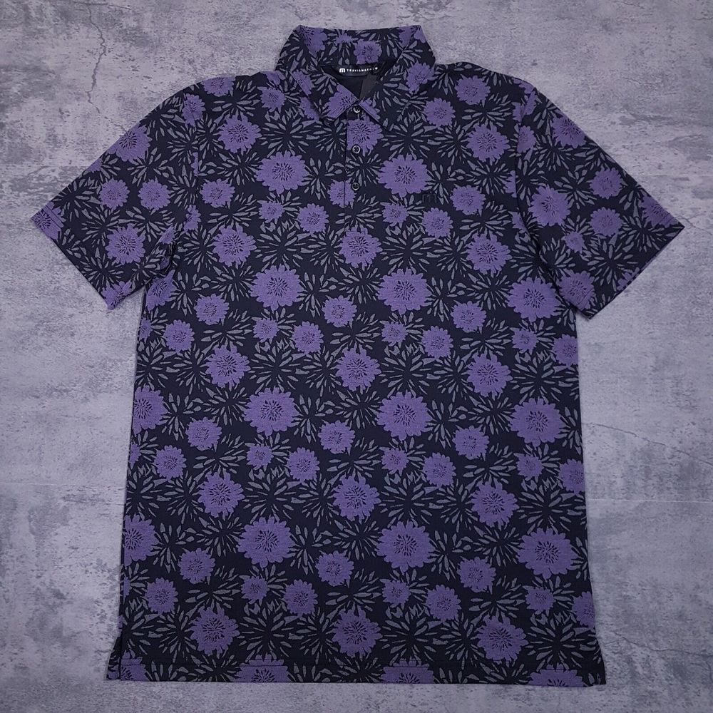 TRAVIS MATHEW Not Happening Floral Print Golf Polo Shirt Mens MEDIUM BlackPurple